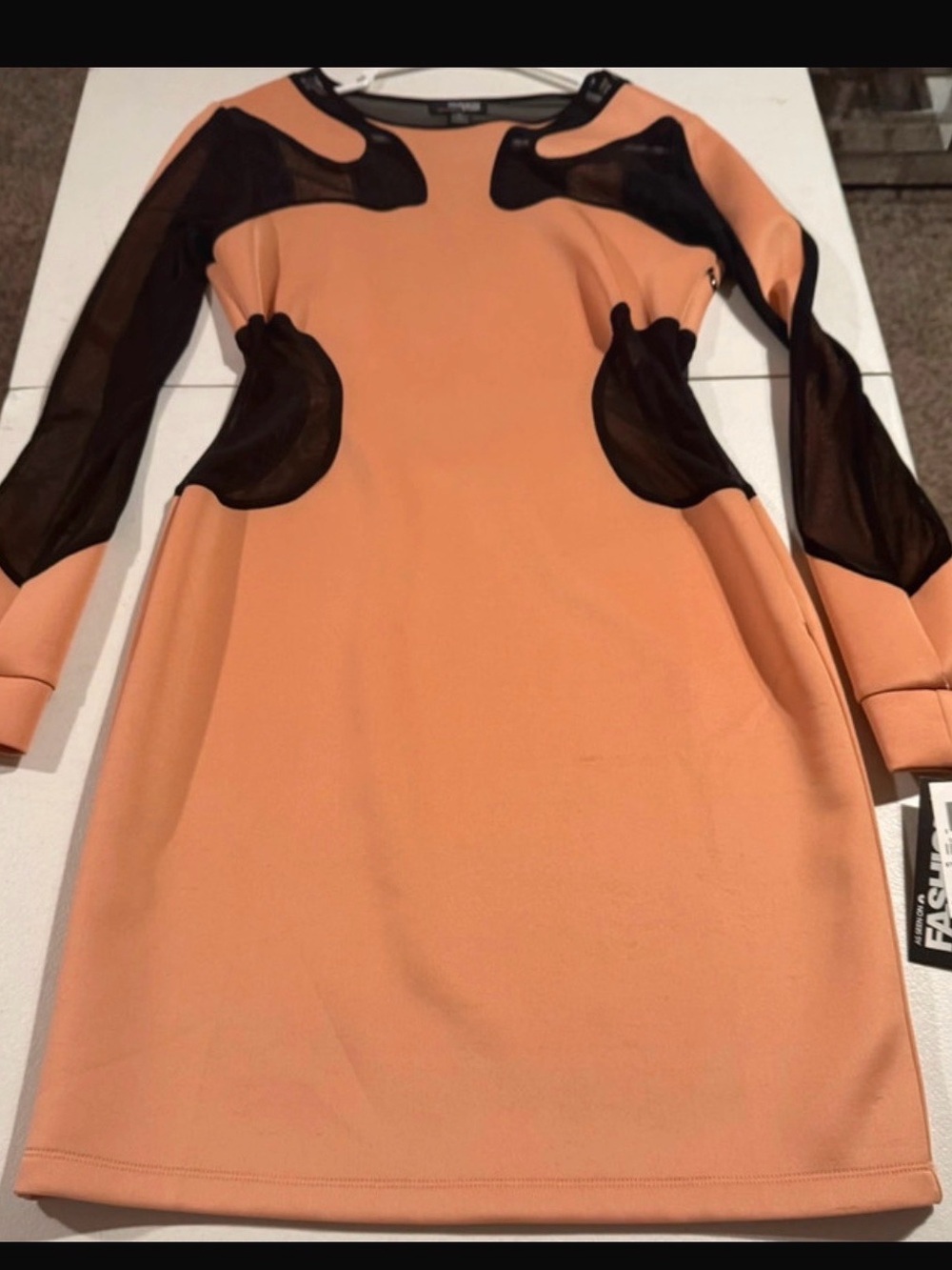 Fashion Star Macy’s Large Peach Black Mesh Sheath Dress Long Sleeves NWT L